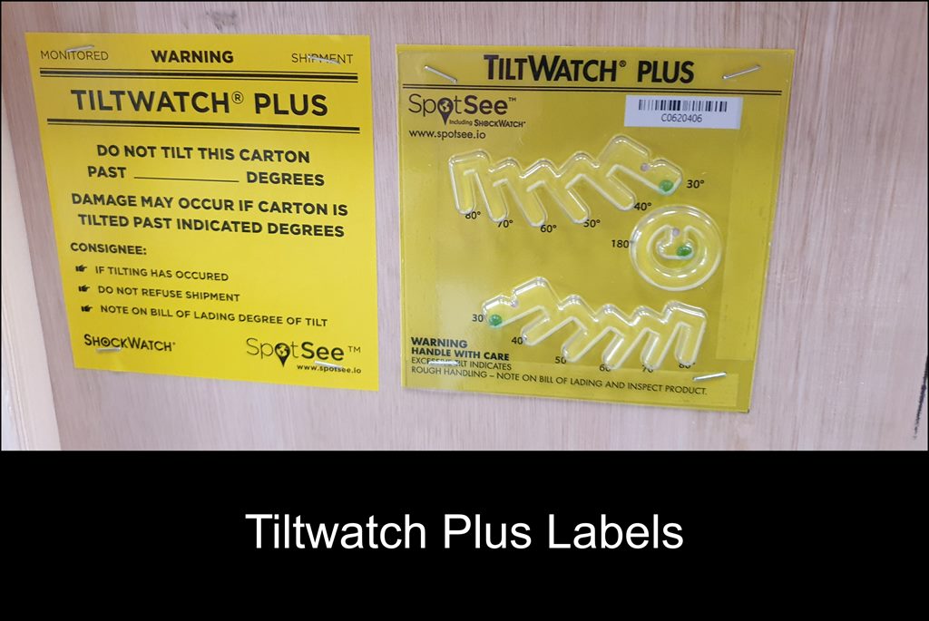 Optional TiltWatch labels for Secure Transportation's IT hardware wooden export packing crates